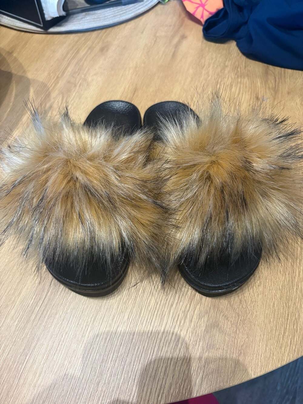 Women's Faux Fur Slide Sandals with Textured Black Footbed